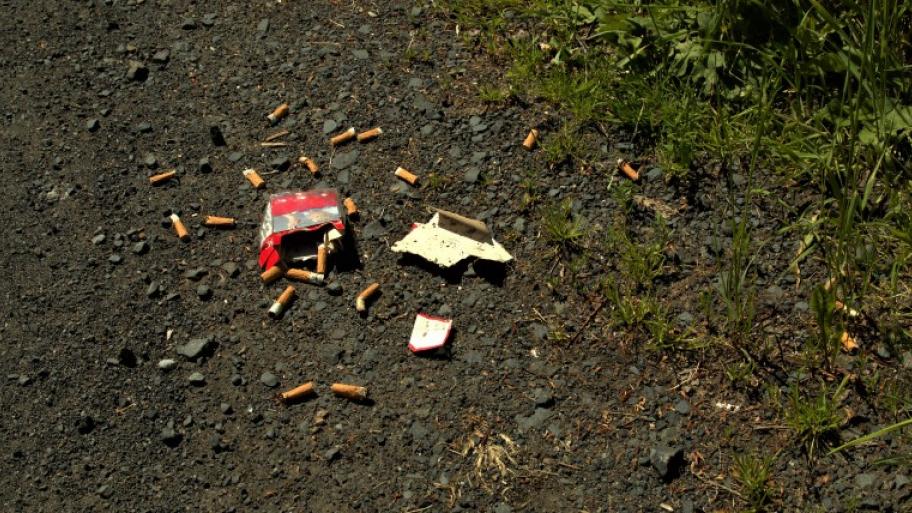 Zigarettenschachtel liegt auf dem Boden; Zigaretten und weiterer Müll liegt darum verteilt