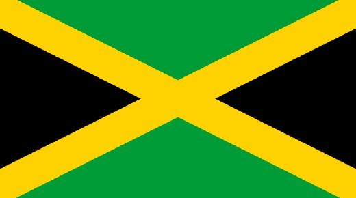 Nationalflagge von Jamaika, diagonales gelbes Kreuz, rechts und links im Kreuz schwarzer Grund, oben und unten im Kreuz grüner Grund