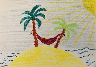 Rückseite Postkarte, selbstgemaltes Bild mit Meer, Sonne, Palminsel, Hängematte