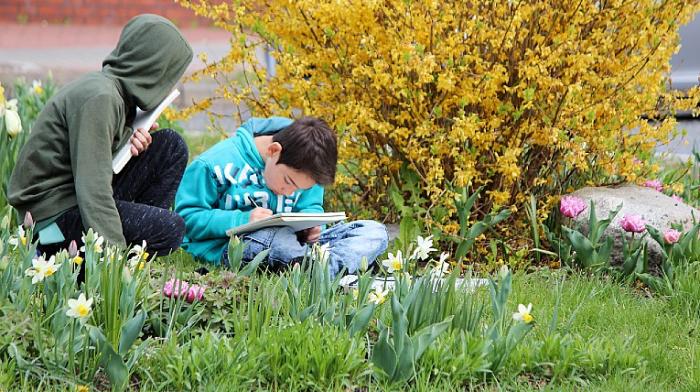 zwei Kinder sitzen auf einer Wiese zwischen Blumen und einem blühenden Strauch, ein Kind zeichnet in einen Zeichenblock