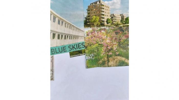 auf einem schwarzen Hintergrund ist ein weißes Papier zu sehen, welches halb mit einer Collage beklebt wurde