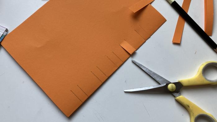 Auf das Papier werden 2 Zentimeter lange Striche gezeichnet und eingeschnitten.