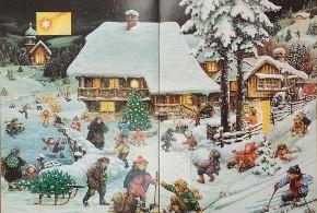 Das Bild zeigt einen Adventskalender aus Papier. Darauf spielen Kinder im Schnee. Im Hintergrund ist ein weihnachtliches Dorf zu sehen.