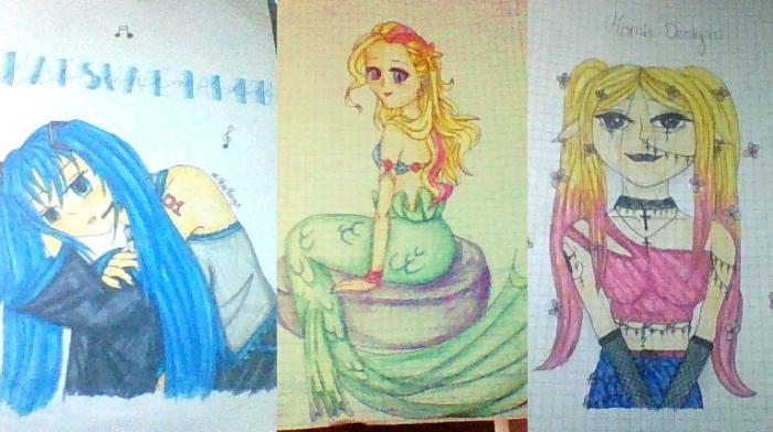 Drei gemalte Anime Mädchen: ganz Links Hatsun miku, in Blau. In der Mitte eine Meerjungfrau und ganz rechts eine Elfe mit blonden und pinken Haaren.