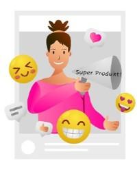 Illustration: Foto einer Frau in einem Instagram-Rahmen; hält Megaphon in der Hand; unterschiedliche Emojis tauchen neben ihr auf