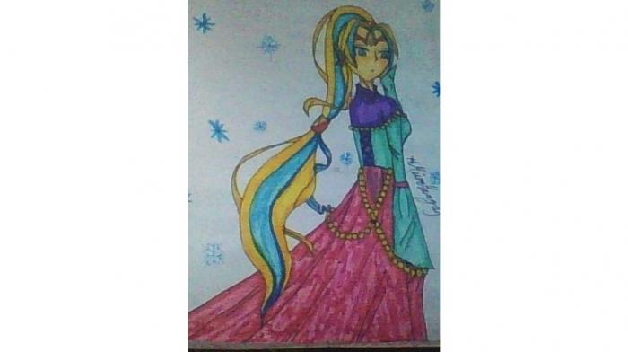 Ein gemaltes Anime Mädchen in einem rosa Kleid, mit sehr langer Schleppe.