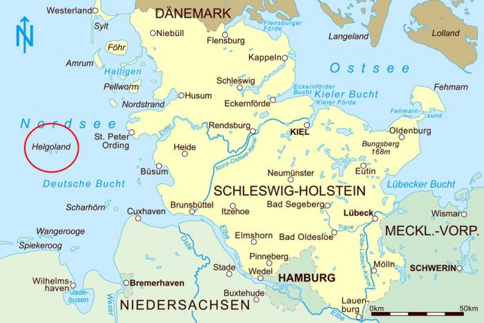 Karte von Schleswig-Holstein. Um Helgoland in der Nordsee ist ein roter Kreis.